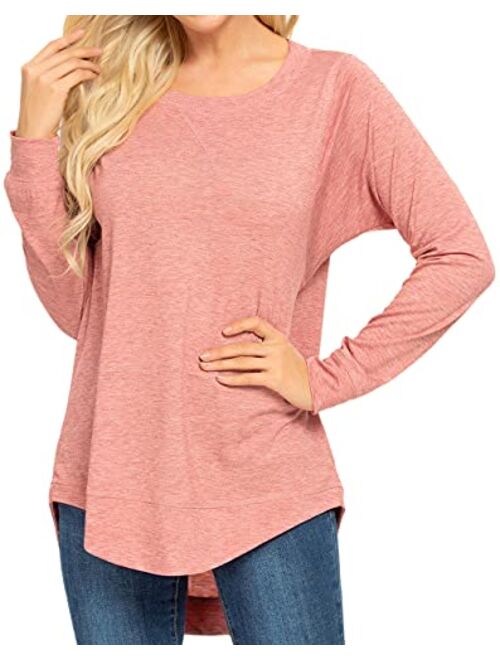 WEIYAN Womens Long Sleeve Casual T-Shirts Tunic Blouse Loose Curved Hem Tops