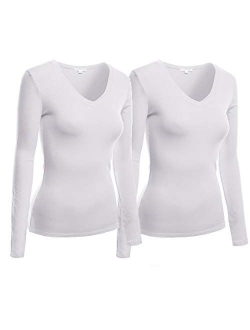 Active Products Womens Plain Basic Cotton Blend Deep V Neck T Shirt with Long Sleeves