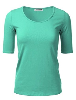 SSOULM Women's 1/2 Sleeve Scoopneck Cotton Basic Slim Fit T-Shirt Top with Plus Size