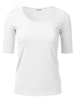 SSOULM Women's 1/2 Sleeve Scoopneck Cotton Basic Slim Fit T-Shirt Top with Plus Size