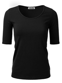 SSOULM Women's 1/2 Sleeve Scoopneck Cotton Basic Slim Fit T-Shirt Top with Plus Size