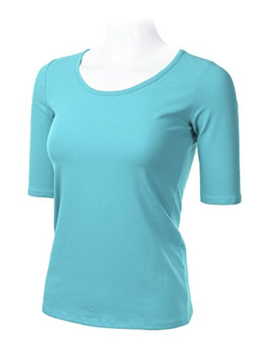 SSOULM Women's 1/2 Sleeve Scoopneck Cotton Basic Slim Fit T-Shirt Top with Plus Size