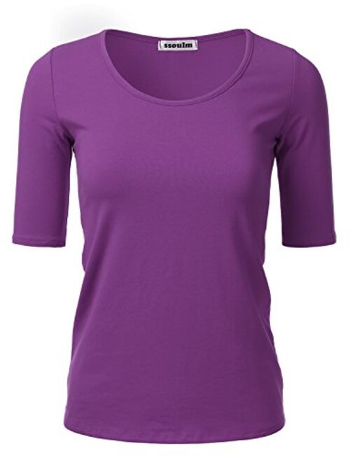 SSOULM Women's 1/2 Sleeve Scoopneck Cotton Basic Slim Fit T-Shirt Top with Plus Size