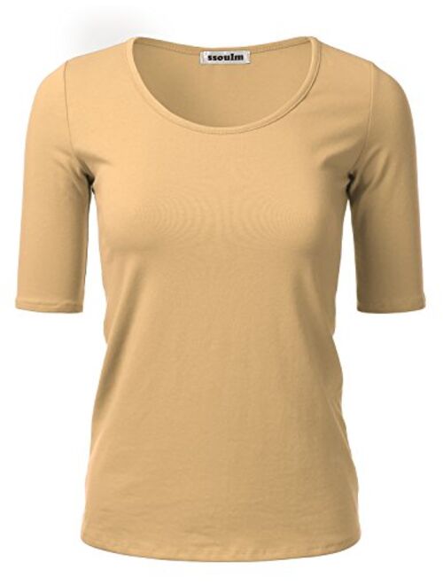 SSOULM Women's 1/2 Sleeve Scoopneck Cotton Basic Slim Fit T-Shirt Top with Plus Size