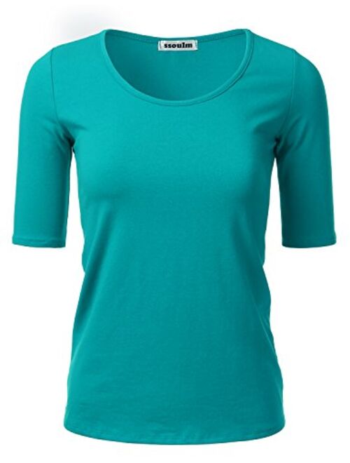 SSOULM Women's 1/2 Sleeve Scoopneck Cotton Basic Slim Fit T-Shirt Top with Plus Size