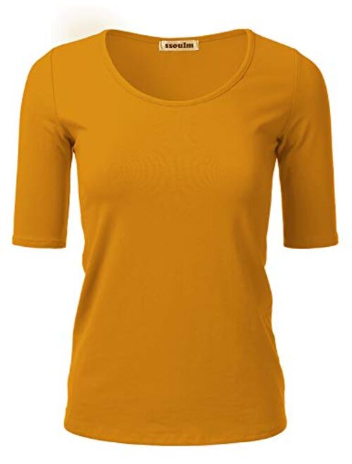 SSOULM Women's 1/2 Sleeve Scoopneck Cotton Basic Slim Fit T-Shirt Top with Plus Size