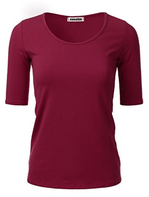 SSOULM Women's 1/2 Sleeve Scoopneck Cotton Basic Slim Fit T-Shirt Top with Plus Size