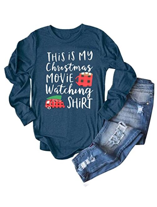 Christmas Shirts for Women This is My Christmas Movies Watching Plaid Tees Long Sleeve Merry Xmas Coffee Splicing Tops