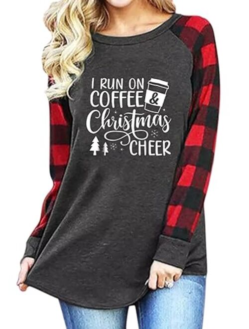 Christmas Shirts for Women This is My Christmas Movies Watching Plaid Tees Long Sleeve Merry Xmas Coffee Splicing Tops