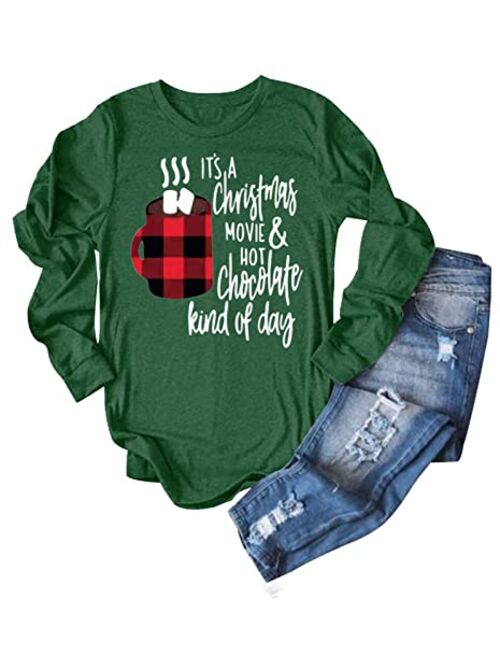 Christmas Shirts for Women This is My Christmas Movies Watching Plaid Tees Long Sleeve Merry Xmas Coffee Splicing Tops