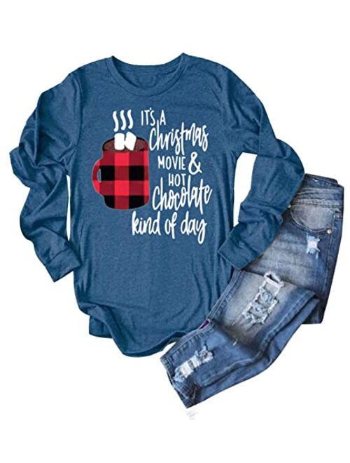 Christmas Shirts for Women This is My Christmas Movies Watching Plaid Tees Long Sleeve Merry Xmas Coffee Splicing Tops