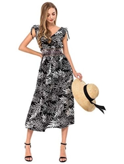 Wantdo Women's Maxi Dress Floral Print V Neck Casual Long Dress Plus Size