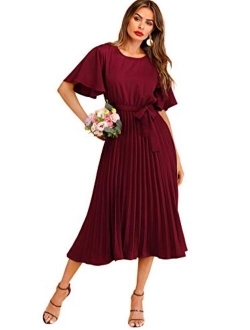 Women's Elegant Belted Pleated Flounce Sleeve Long Dress