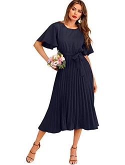 Women's Elegant Belted Pleated Flounce Sleeve Long Dress