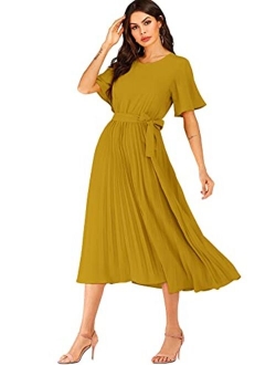 Women's Elegant Belted Pleated Flounce Sleeve Long Dress