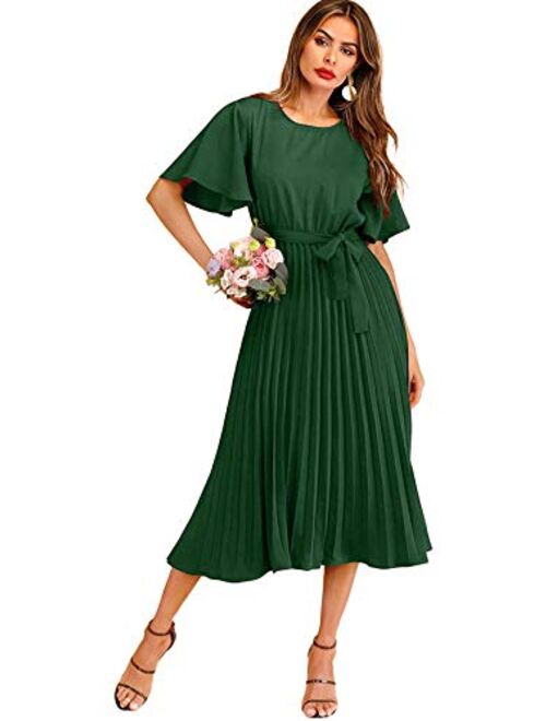 Milumia Women's Elegant Belted Pleated Flounce Sleeve Long Dress