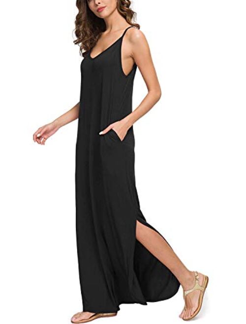 LAMISSCHE Womens Sleeveless Strappy Cami Maxi Long Dress V Neck with Pockets Beach Cover Up Slits