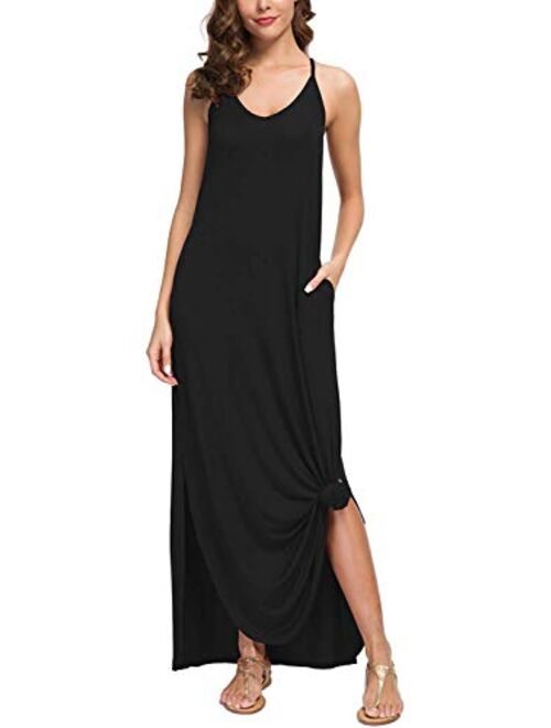 LAMISSCHE Womens Sleeveless Strappy Cami Maxi Long Dress V Neck with Pockets Beach Cover Up Slits