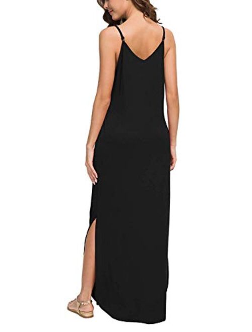 LAMISSCHE Womens Sleeveless Strappy Cami Maxi Long Dress V Neck with Pockets Beach Cover Up Slits