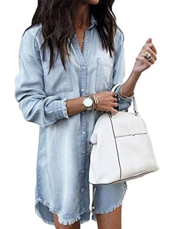 Women Denim Shirt Dresses Long Sleeve Distressed Jean Dress Button Down Casual Tunic Top