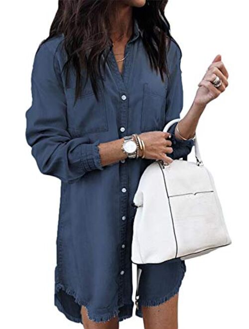 Women Denim Shirt Dresses Long Sleeve Distressed Jean Dress Button Down Casual Tunic Top