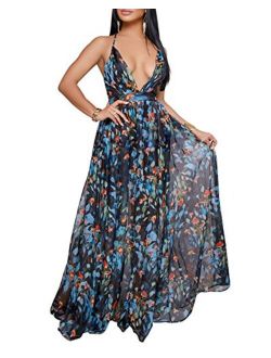 Remelon Sexy Chiffon Spaghetti Strap Deep V Neck Floral Boho Criss Cross Backless Beach Party Long Maxi Dress