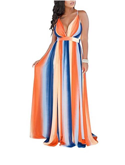 Remelon Sexy Chiffon Spaghetti Strap Deep V Neck Floral Boho Criss Cross Backless Beach Party Long Maxi Dress