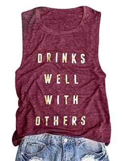 Drinks Well with Others Muscle Tank Tops Womens Funny Drinking Alcohol Sleeveless Letter Printed Graphic Tee Shirt Tops