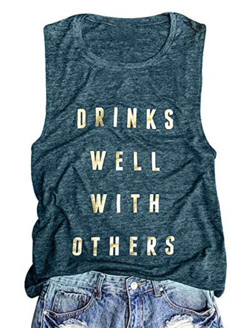 Drinks Well with Others Muscle Tank Tops Womens Funny Drinking Alcohol Sleeveless Letter Printed Graphic Tee Shirt Tops