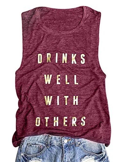 Drinks Well with Others Muscle Tank Tops Womens Funny Drinking Alcohol Sleeveless Letter Printed Graphic Tee Shirt Tops