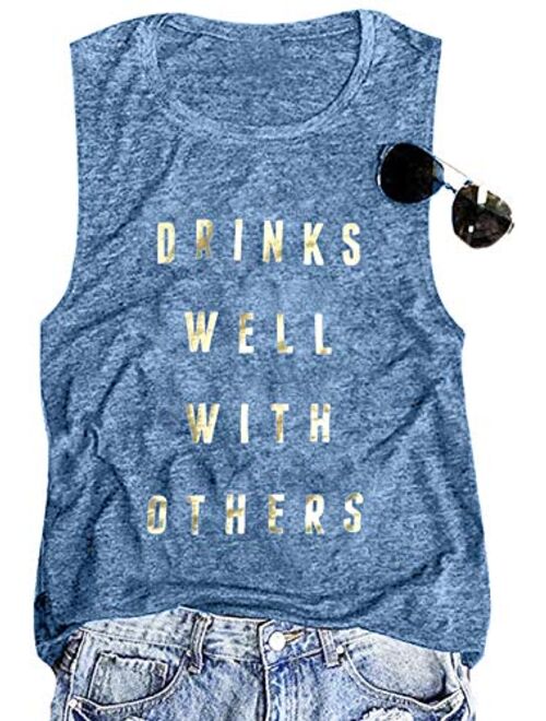 Drinks Well with Others Muscle Tank Tops Womens Funny Drinking Alcohol Sleeveless Letter Printed Graphic Tee Shirt Tops