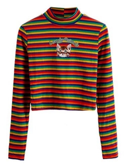 Women's Mock Neck Embroidered Letter Long Sleeve Striped Crop Top T Shirt