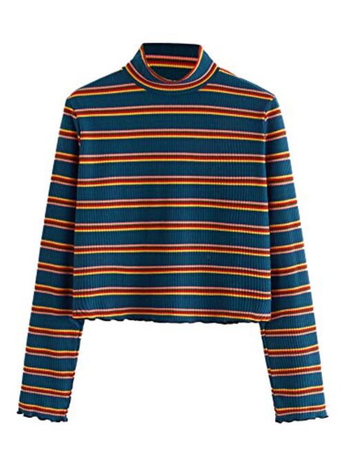 SweatyRocks Women's Mock Neck Embroidered Letter Long Sleeve Striped Crop Top T Shirt