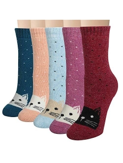 5 Pairs Womens Wool Socks Winter Cute Cat Warm Socks Thick Knit Cozy Socks Gifts for Women