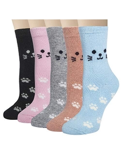 5 Pairs Womens Wool Socks Winter Cute Cat Warm Socks Thick Knit Cozy Socks Gifts for Women