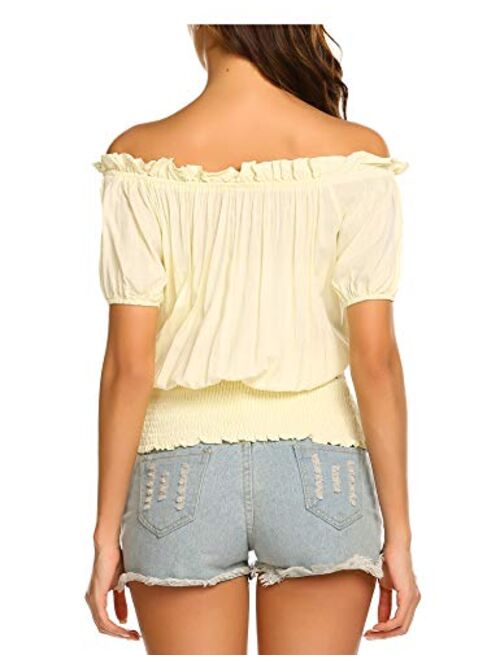 ELESOL Womens Peasant Blouse Off Shoulder Tops Ruffle Renaissance Boho Smocked Shirts S-XXL