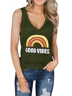 Women Tank Tops Good Vibes Graphic Tee Long Rainbow Ribbed V Neck Henley Shirts