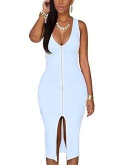 YMING Womens Zipper Front Dress Club Sleeveless Midi Bodycon Plus Size Midi Dress