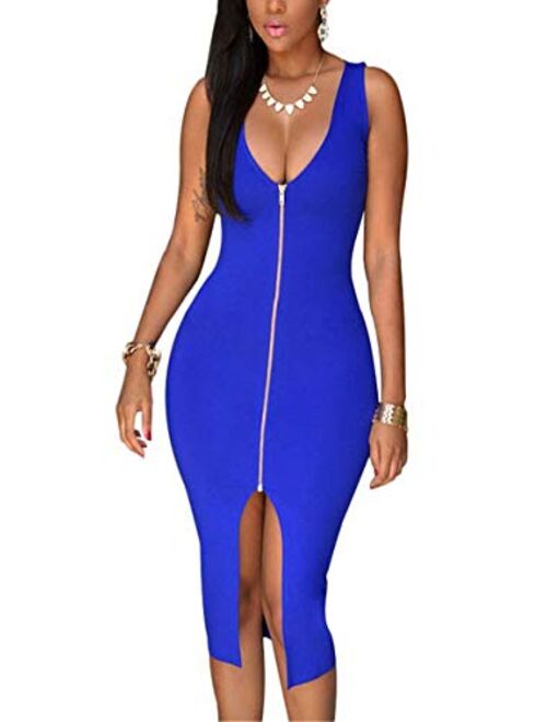 YMING Womens Zipper Front Dress Club Sleeveless Midi Bodycon Plus Size Midi Dress