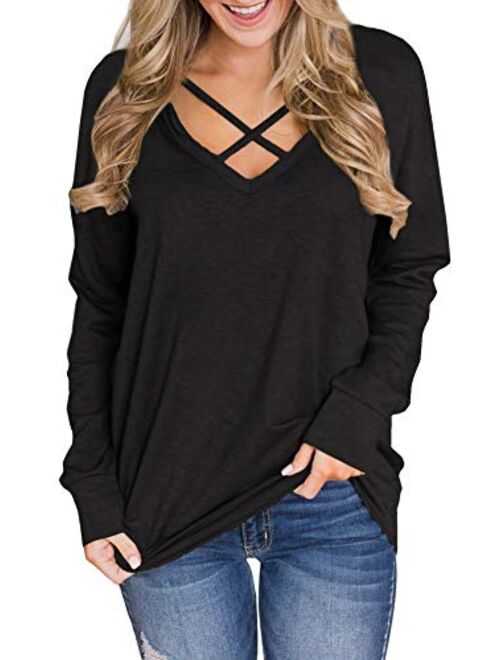 Spadehill Women V Neck Criss Cross Long Sleeve Shirt