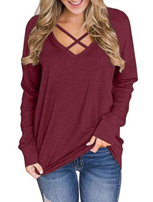 Spadehill Women V Neck Criss Cross Long Sleeve Shirt