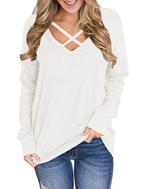 Spadehill Women V Neck Criss Cross Long Sleeve Shirt