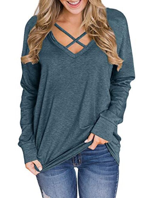 Spadehill Women V Neck Criss Cross Long Sleeve Shirt