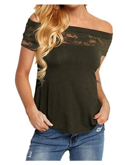 YOINS Women Tops Cold Shoulder Blouse Shirts Long Bell Sleeves Patchwork Lace Insert Fashion Tops