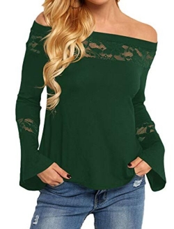 YOINS Women Tops Cold Shoulder Blouse Shirts Long Bell Sleeves Patchwork Lace Insert Fashion Tops