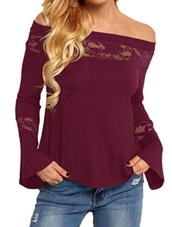 YOINS Women Tops Cold Shoulder Blouse Shirts Long Bell Sleeves Patchwork Lace Insert Fashion Tops