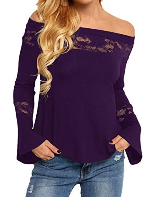 YOINS Women Tops Cold Shoulder Blouse Shirts Long Bell Sleeves Patchwork Lace Insert Fashion Tops