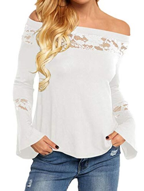 YOINS Women Tops Cold Shoulder Blouse Shirts Long Bell Sleeves Patchwork Lace Insert Fashion Tops