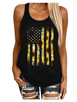 Ferrtye Womens Sunflower Tank Tops American Flag Sleeveless Summer Shirts Tops