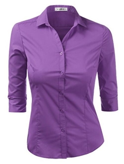 Doublju Womens Basic Slim Fit Stretchy 3/4 Sleeve Button Down Collared Shirt with Plus Size